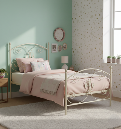 Cama de forja modelo Mariposa de Forja Hispalense en color blanco para dormitorio juvenil.