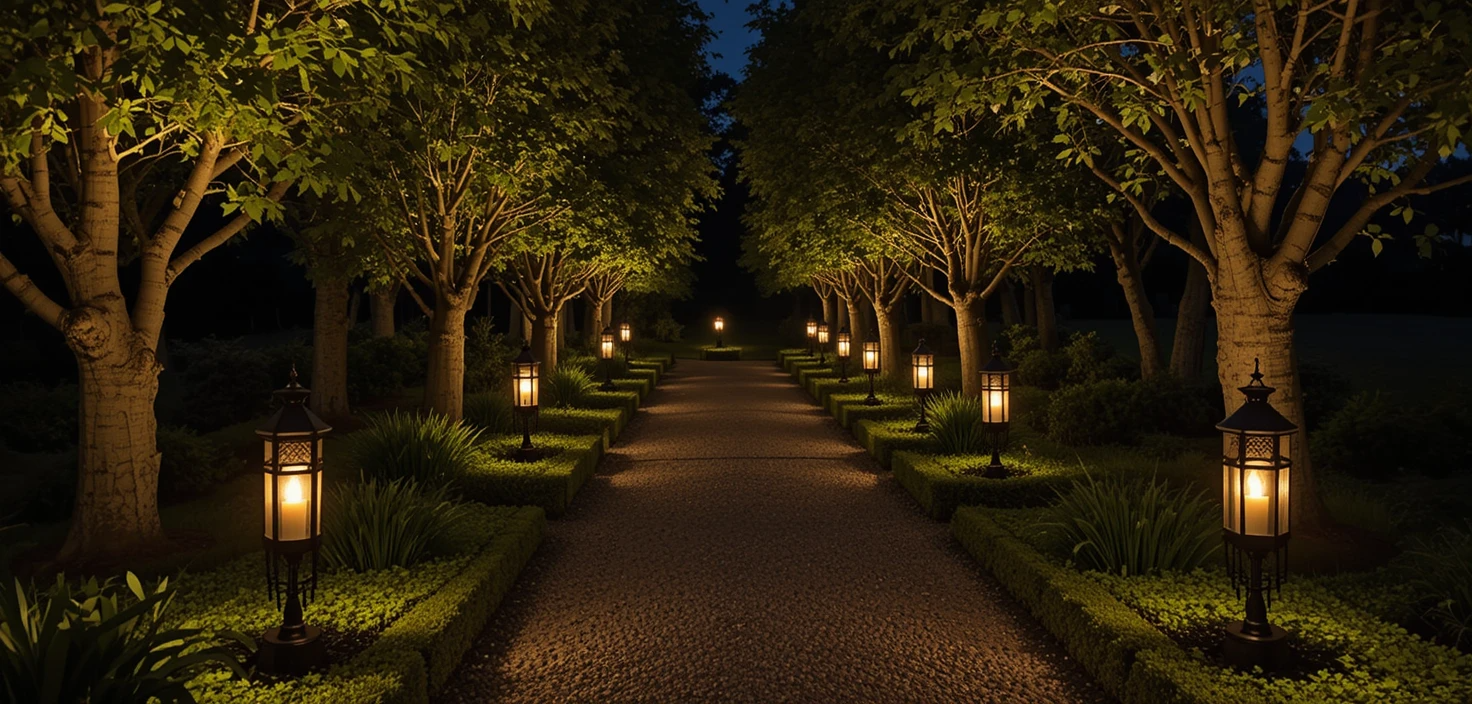 Jardim nocturno com velas e faróis no solo