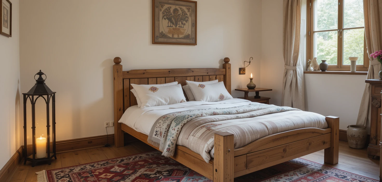 Quarto com lanterna de forja no chão e tapete étnico