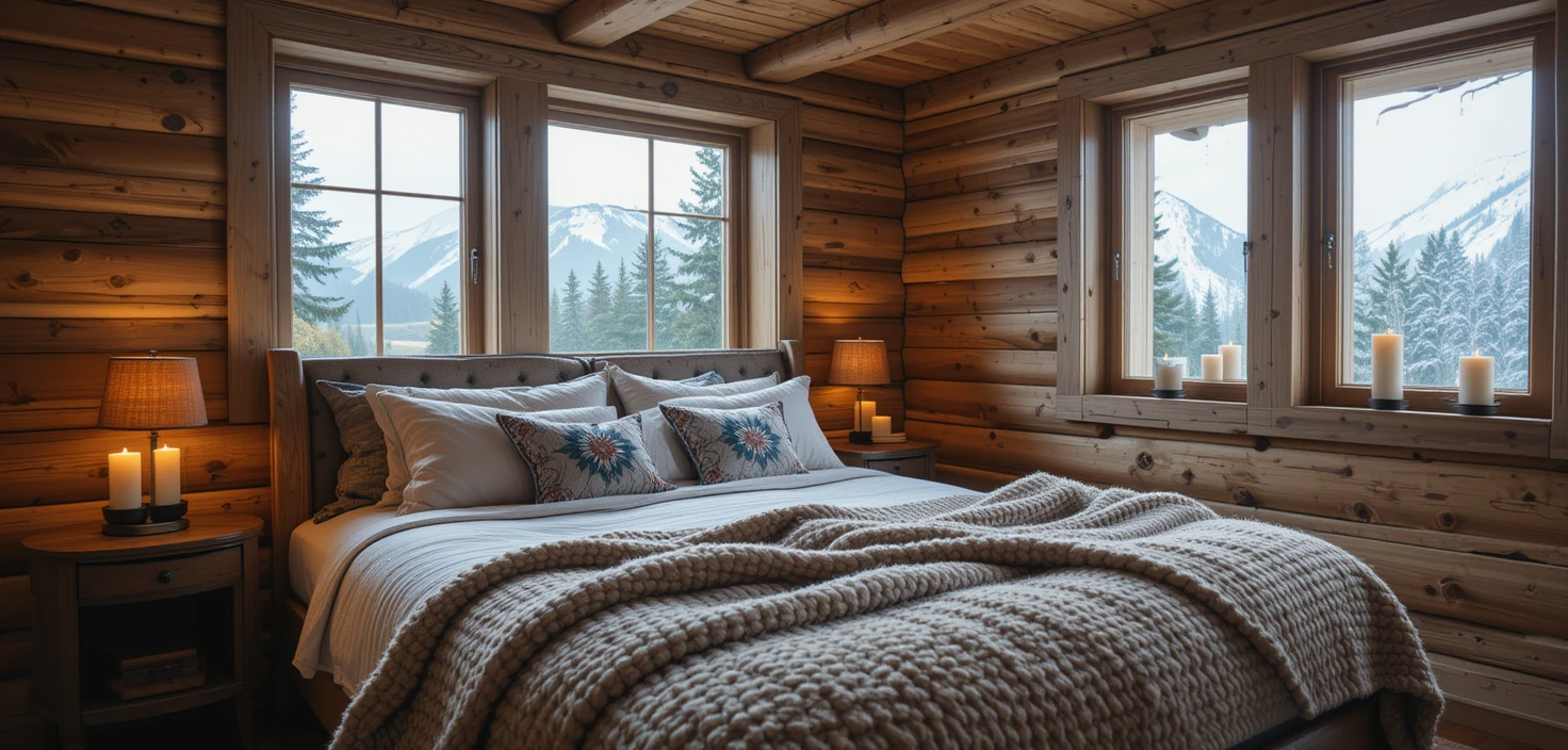 Quarto de montanha com velas LED e têxteis grossos