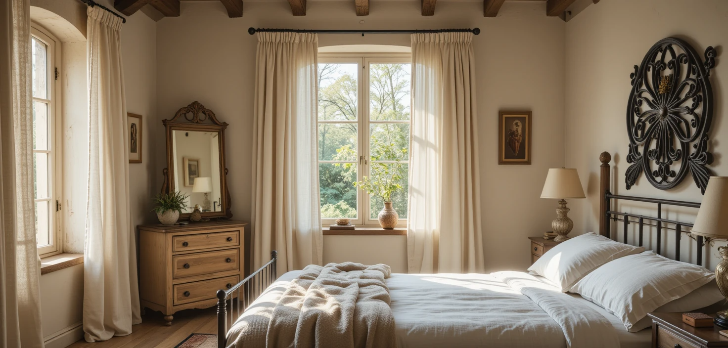 Quarto luminoso com cortinados de linho e espelho frente à janela