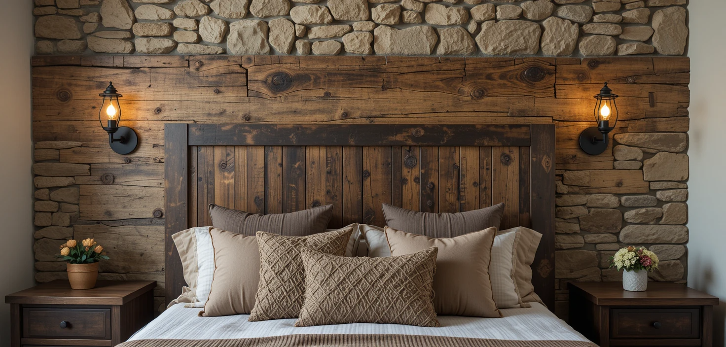 Quarto com apliques de ferro sobre cabeceira de madeira