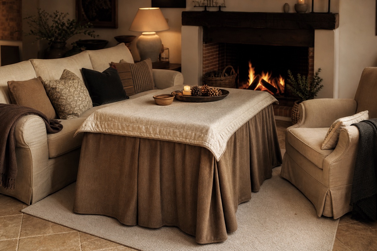 Mesa camilla rectangular vestida con faldas en un salón con chimenea