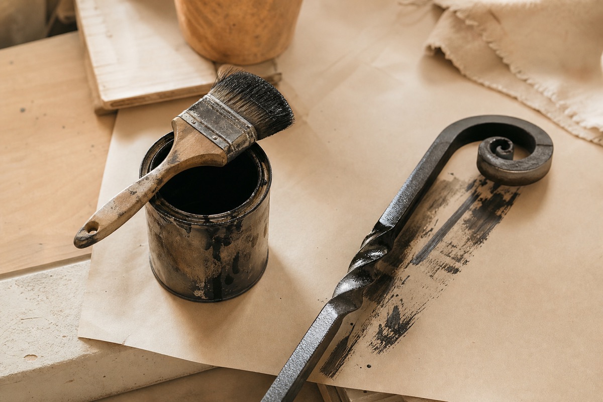 Cómo pintar un cabecero de forja: los 6 pasos del taller 1 Brocha y bote de pintura para metales junto a una pieza de forja a medio pintar